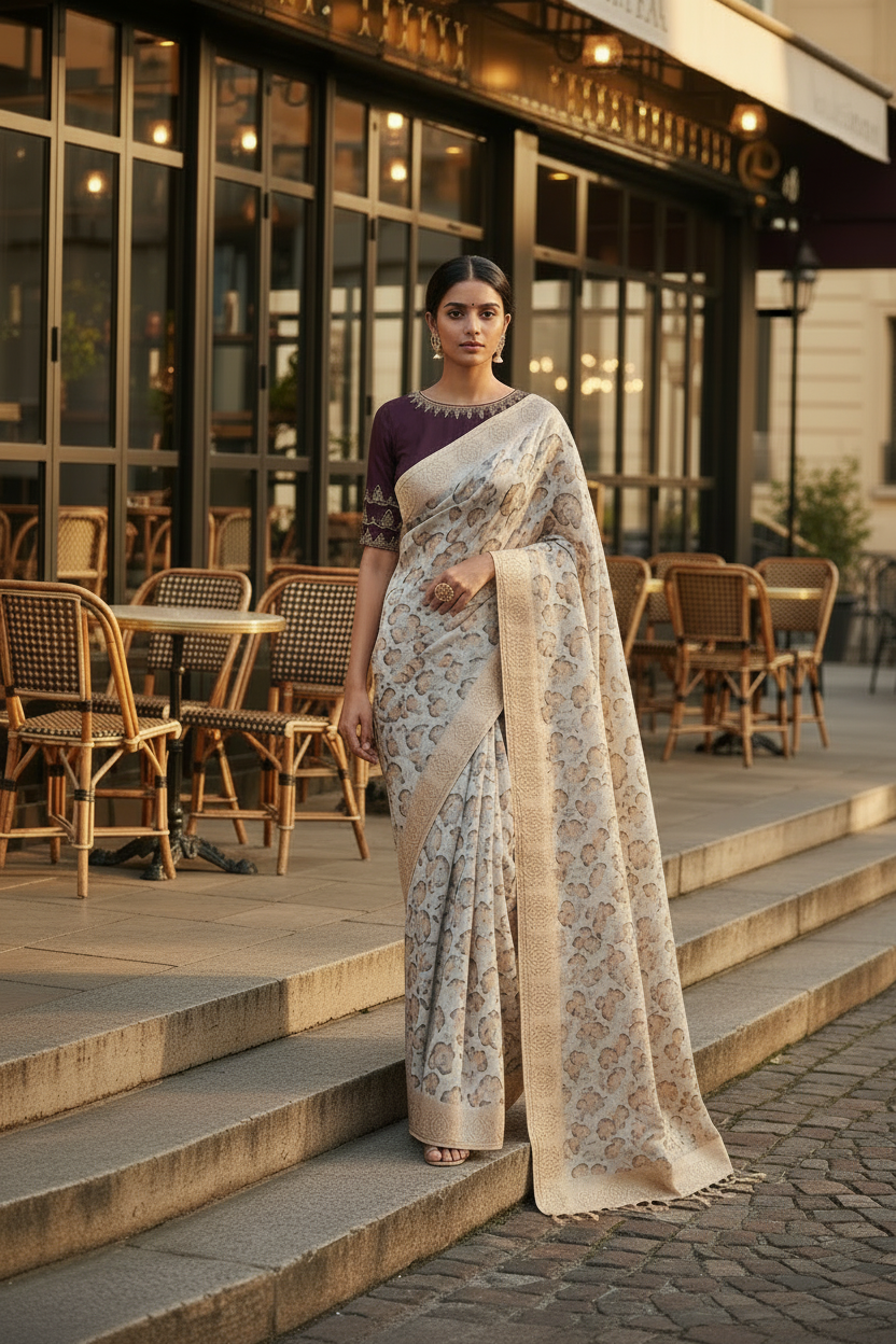 Earthy Brown Kota Cotton Silk Printed Saree with Zari Thread Embroidery & Contrast Blouse