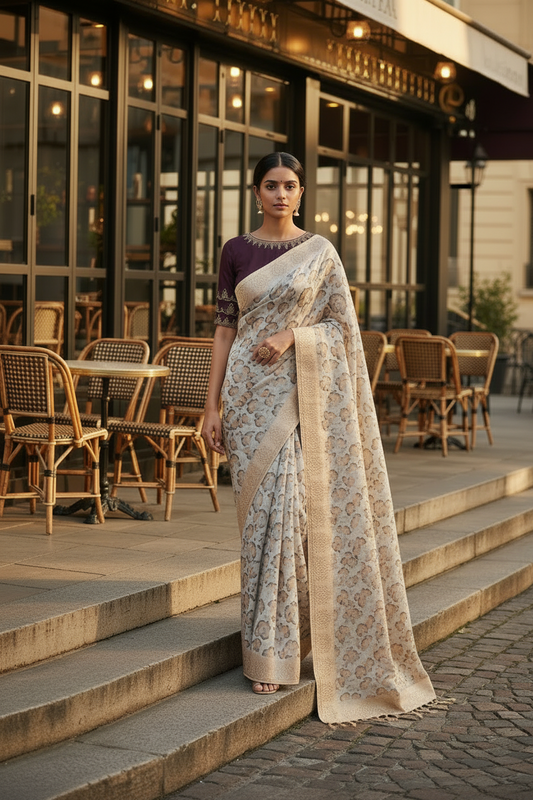 Earthy Brown Kota Cotton Silk Printed Saree with Zari Thread Embroidery & Contrast Blouse