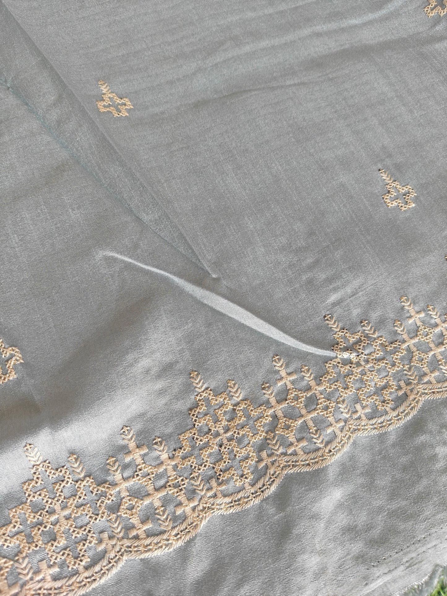 Multicolored light sky blue Italian satin crepe Silk with contrast blouse Saree
