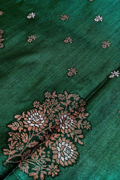 Green Raw Silk Saree with Contrast Motif Work
