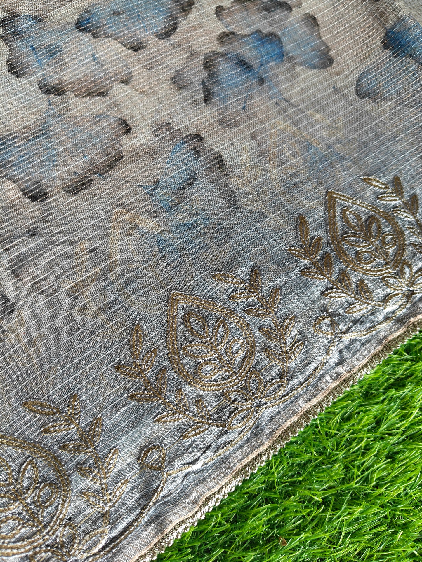 Grey Kota Cotton Silk Printed Saree with Zari Thread Embroidery & Contrast Blouse