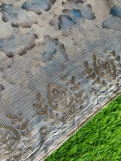 Grey Kota Cotton Silk Printed Saree with Zari Thread Embroidery & Contrast Blouse