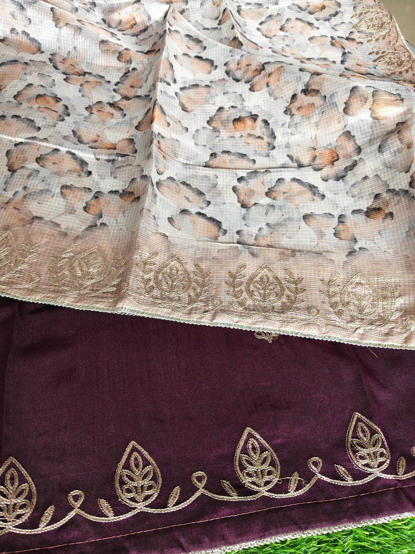 Earthy Brown Kota Cotton Silk Printed Saree with Zari Thread Embroidery & Contrast Blouse