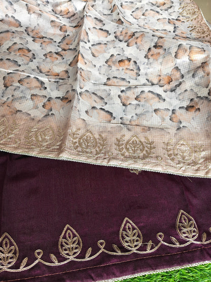 Earthy Brown Kota Cotton Silk Printed Saree with Zari Thread Embroidery & Contrast Blouse