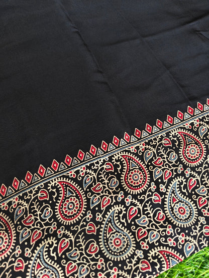 Black Italian Crepe Silk Saree with Paisley Printed Pallu & Designer Blouse | Lightweight Party Wear Saree