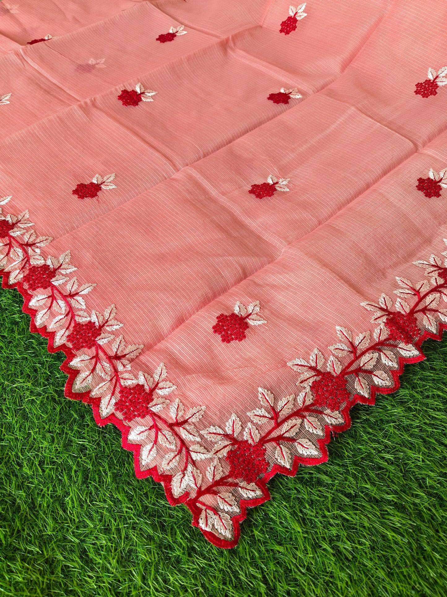Kota cotton Carrot Color Thread Embroidered Saree (Copy)