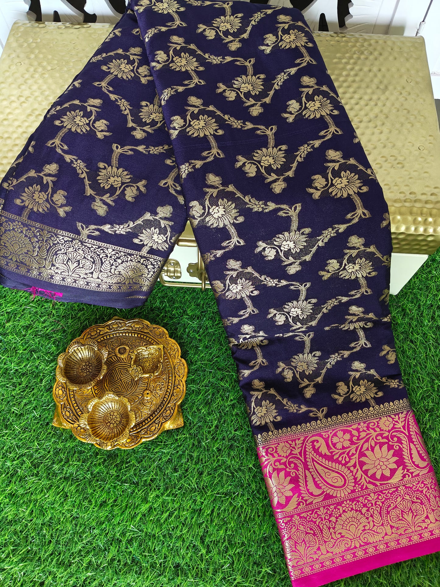 Dark blue Banarsi crepe Silk Saree