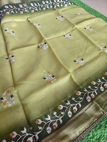 Double shaded dark green & light green color soft net thread embroidered saree