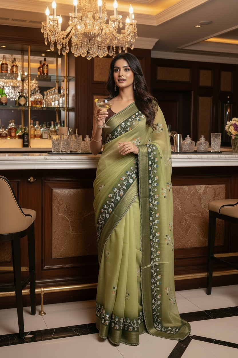 Double shaded dark green & light green color soft net thread embroidered saree