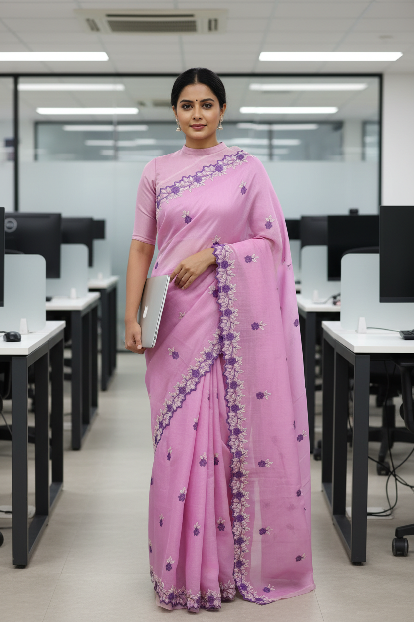 Kota Cotton light pink  Color Thread Embroidered Saree