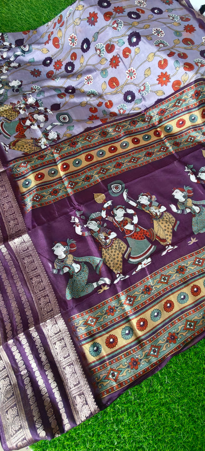 wine Kalamkari Print Semi Crepe Silk