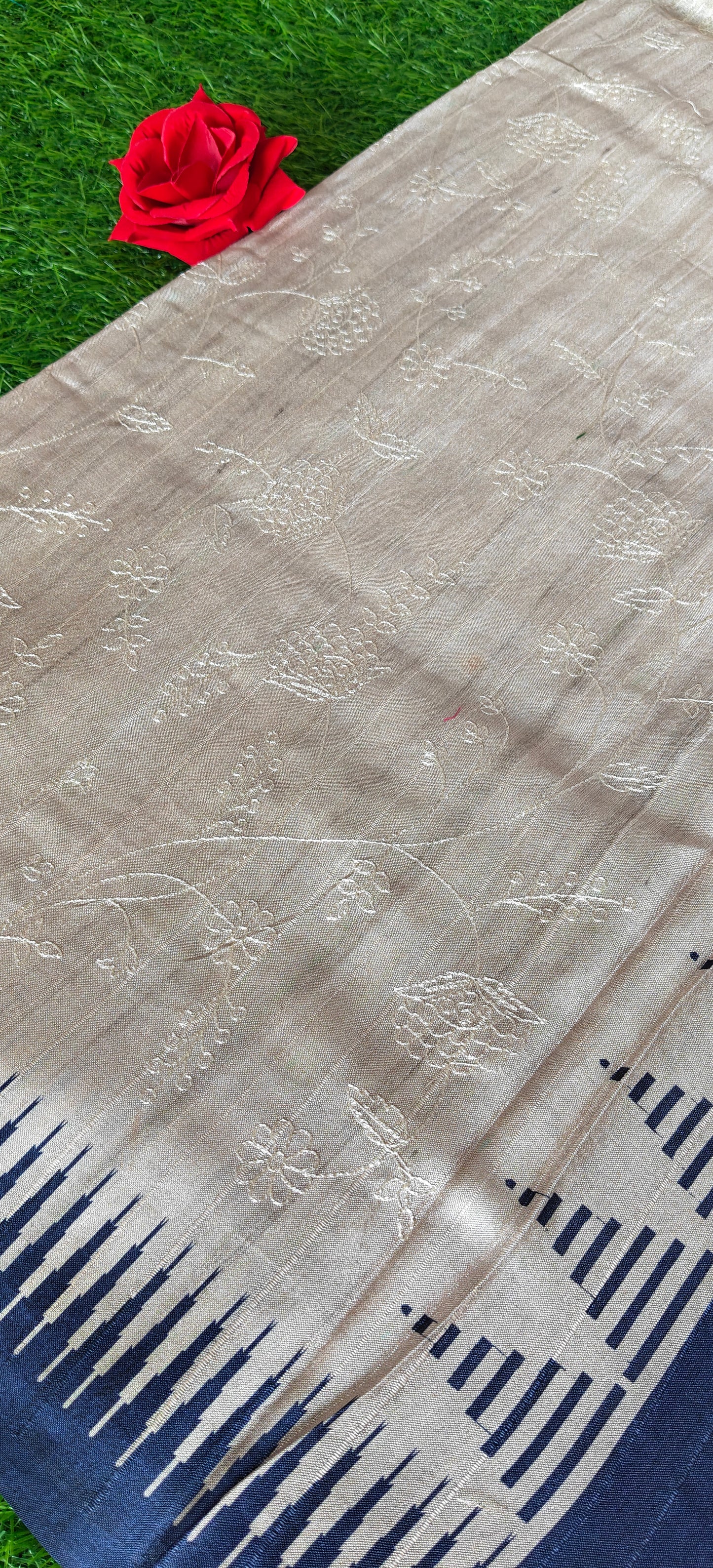 Cream Self Thread Embroidered Soft Silk Saree with Contrast Border