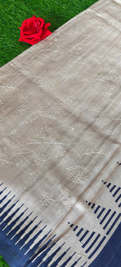 Cream Self Thread Embroidered Soft Silk Saree with Contrast Border