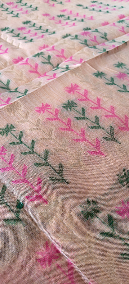 Peach Embroidered  Cotton Saree