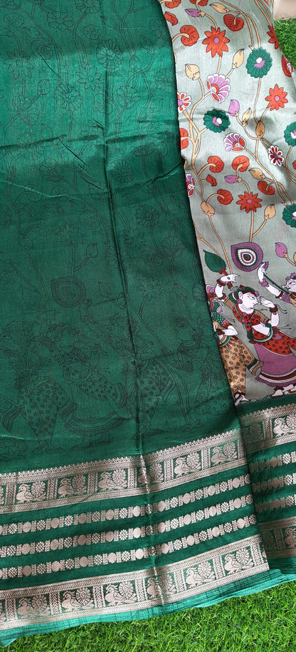Green Kalamkari Print Semi Crepe Silk Saree