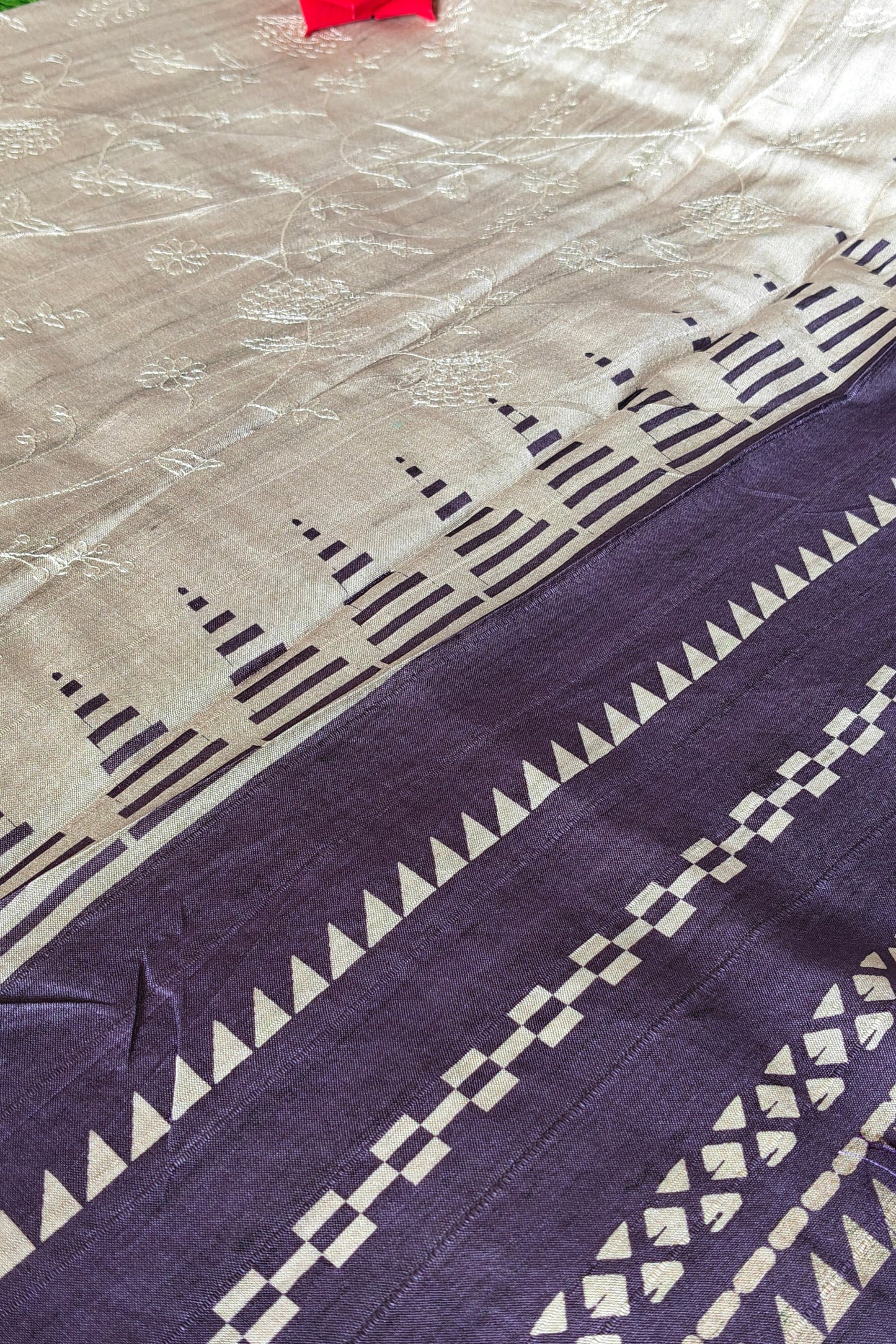 Cream Self Thread Embroidered Soft Silk Saree with Contrast Border