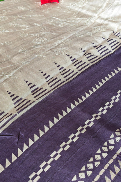 Cream Self Thread Embroidered Soft Silk Saree with Contrast Border