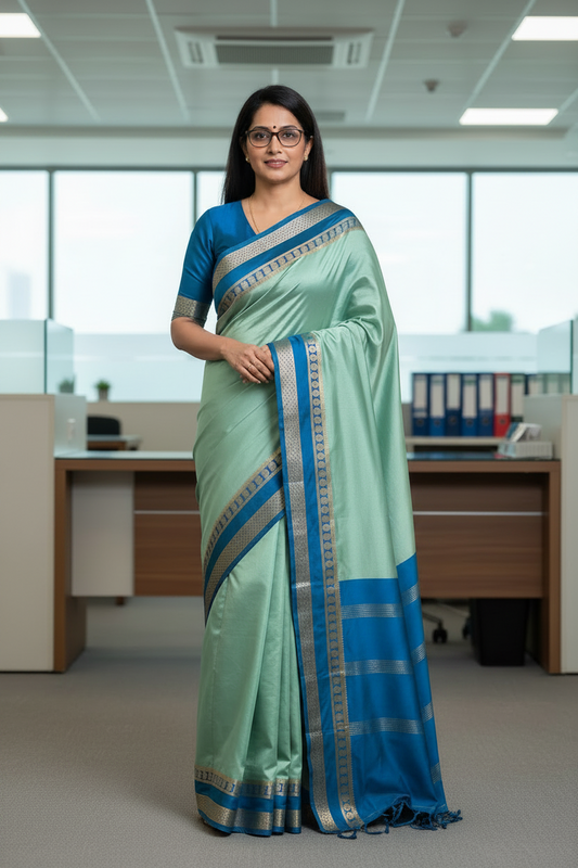 Light green colour semi crepe solid colour with slim contrast border