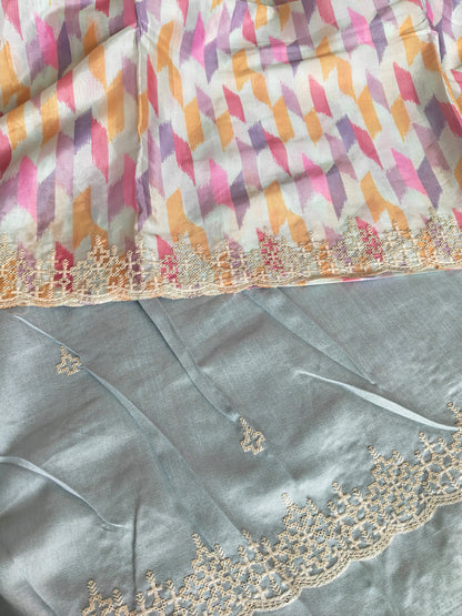 Multicolored light sky blue Italian satin crepe Silk with contrast blouse Saree