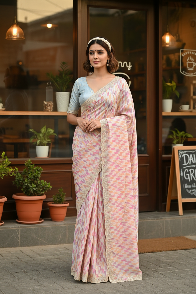 Multicolored light sky blue Italian satin crepe Silk with contrast blouse Saree