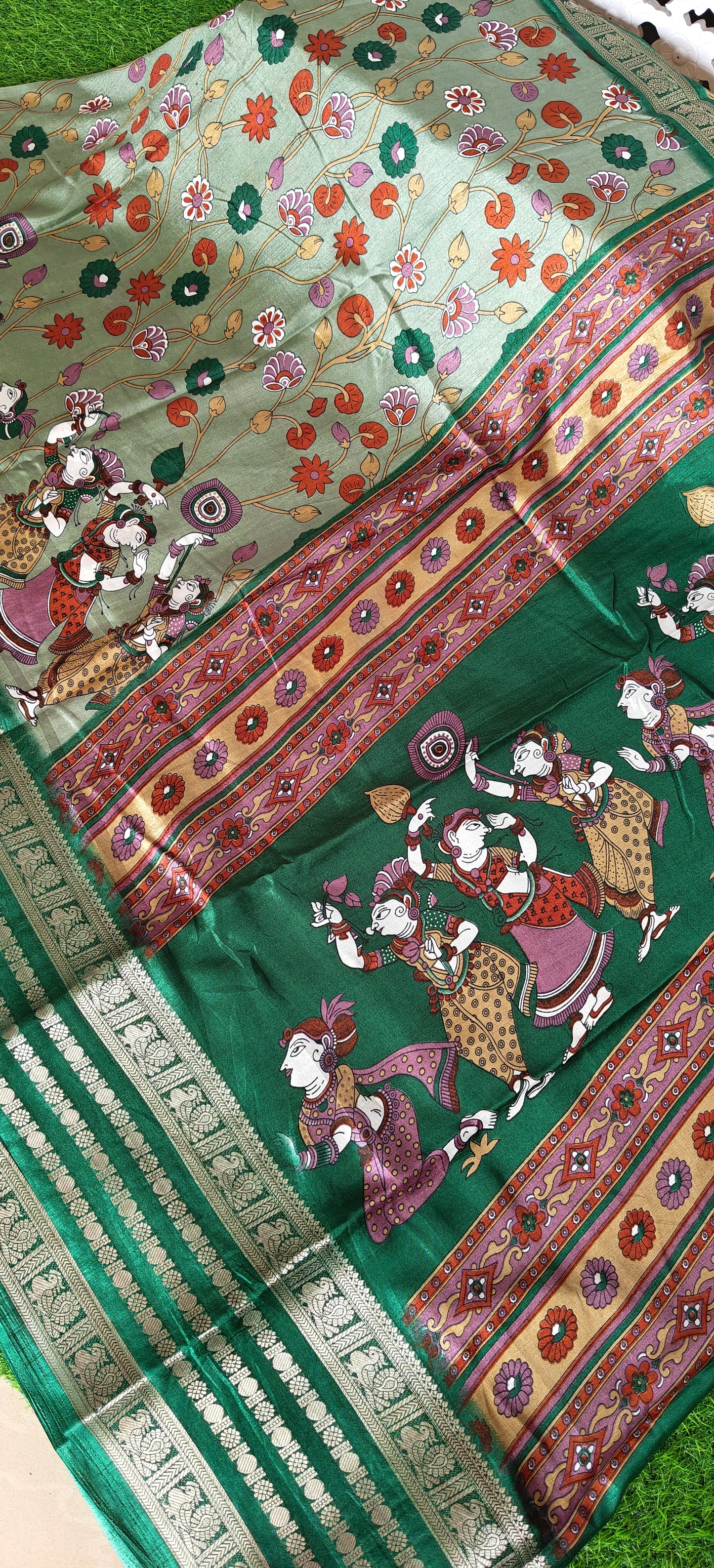 Green Kalamkari Print Semi Crepe Silk Saree