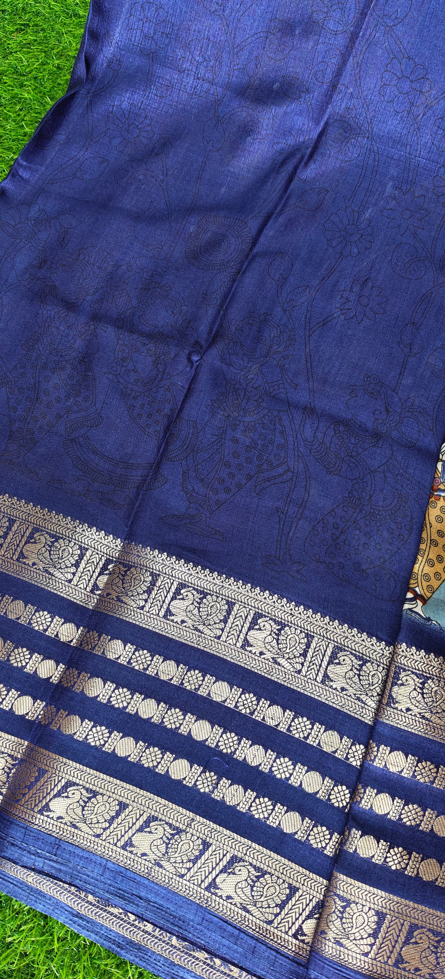 Blue Kalamkari Print Semi Crepe Silk