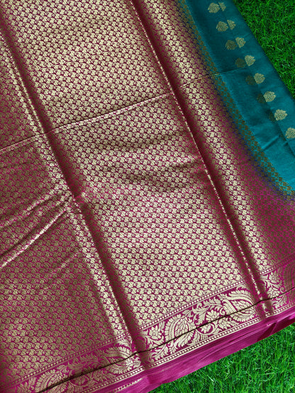 Peacock or Teal Blue Banarasi Semi Georgette Silk Saree with Rani Pink Contrast Border & Blouse
