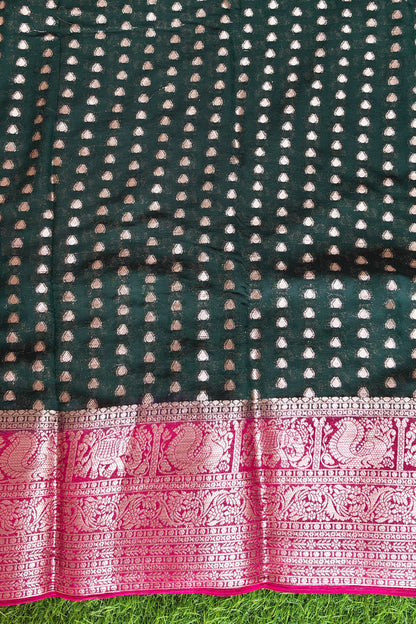 Green Georgette Banarasi Silk Saree with Contrast Border & Small Motifs