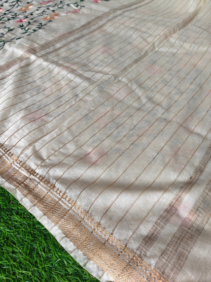 Cream colour Tusser silk multi colour thread embroidered