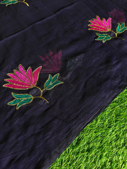 MulMul cotton dark blue colour thread embroidered Saree