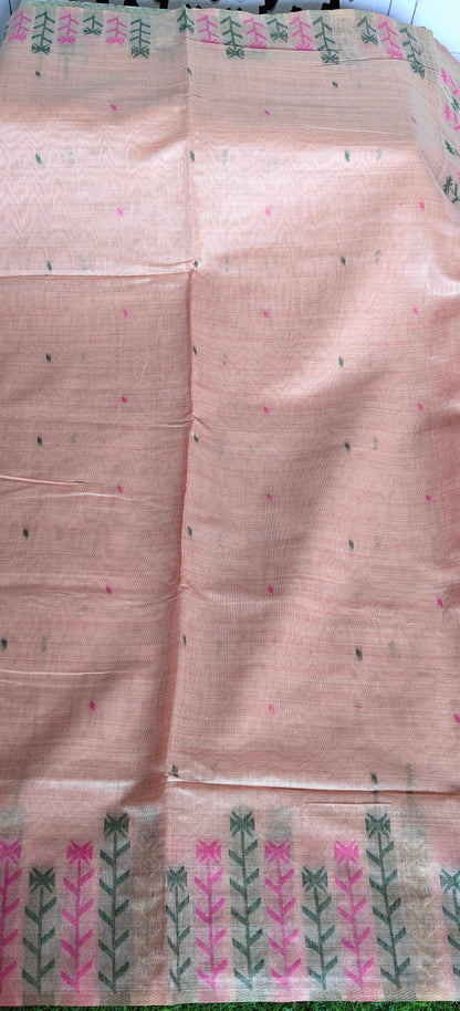Peach Embroidered  Cotton Saree