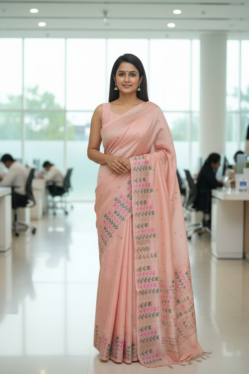 Peach Embroidered  Cotton Saree