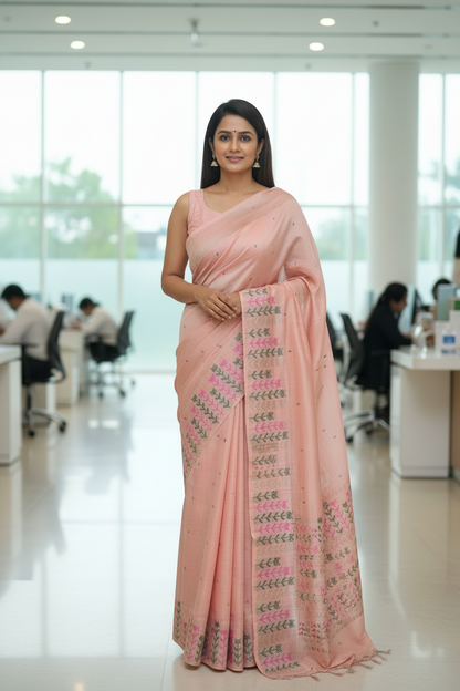 Peach Embroidered  Cotton Saree