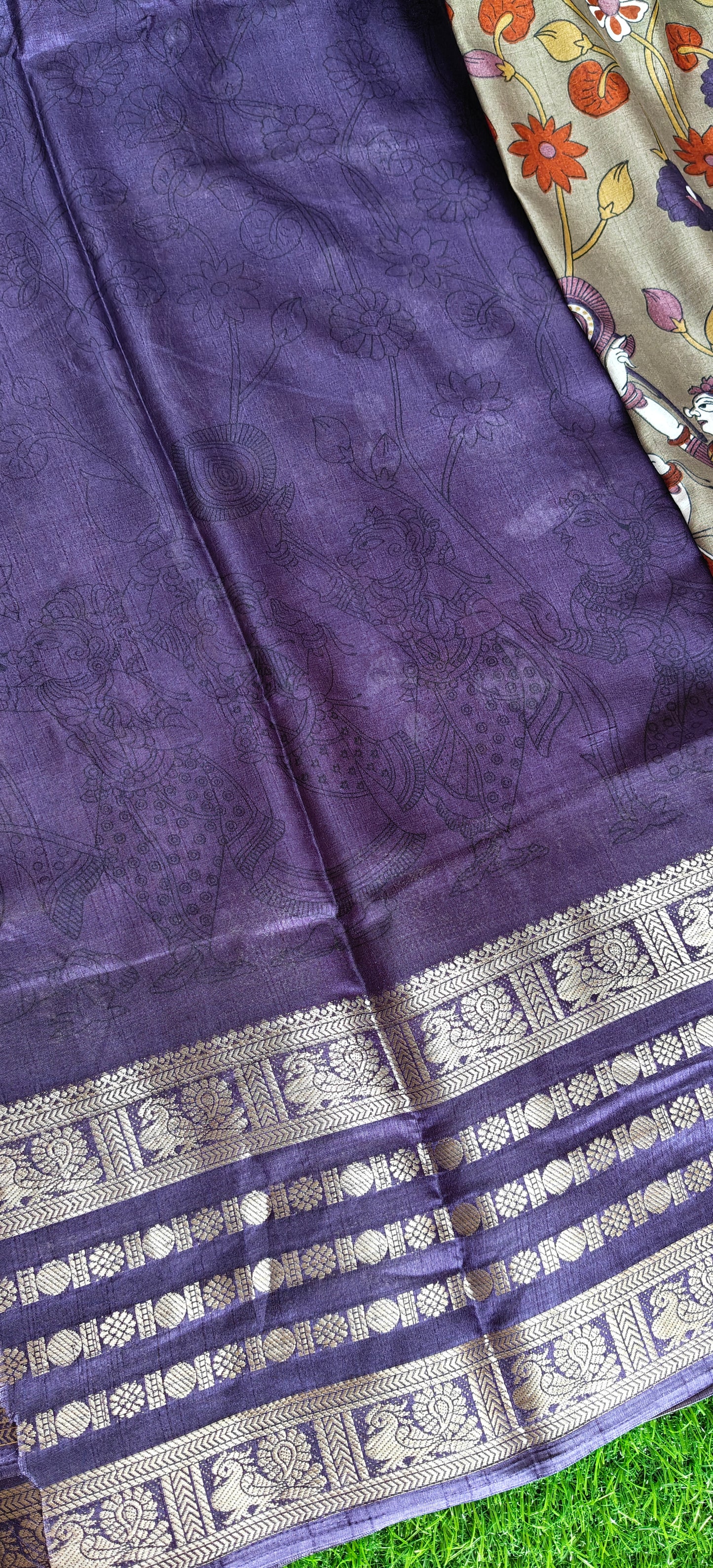 Purple Kalamkari Print Semi Crepe Silk