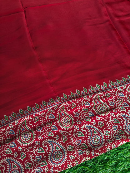 Red Italian Crepe Silk Saree with Paisley Printed Pallu & Designer Blouse | Lightweight Party Wear Saree