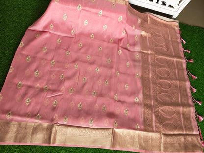 Pink Organza Saree with Butti Embroidery Work