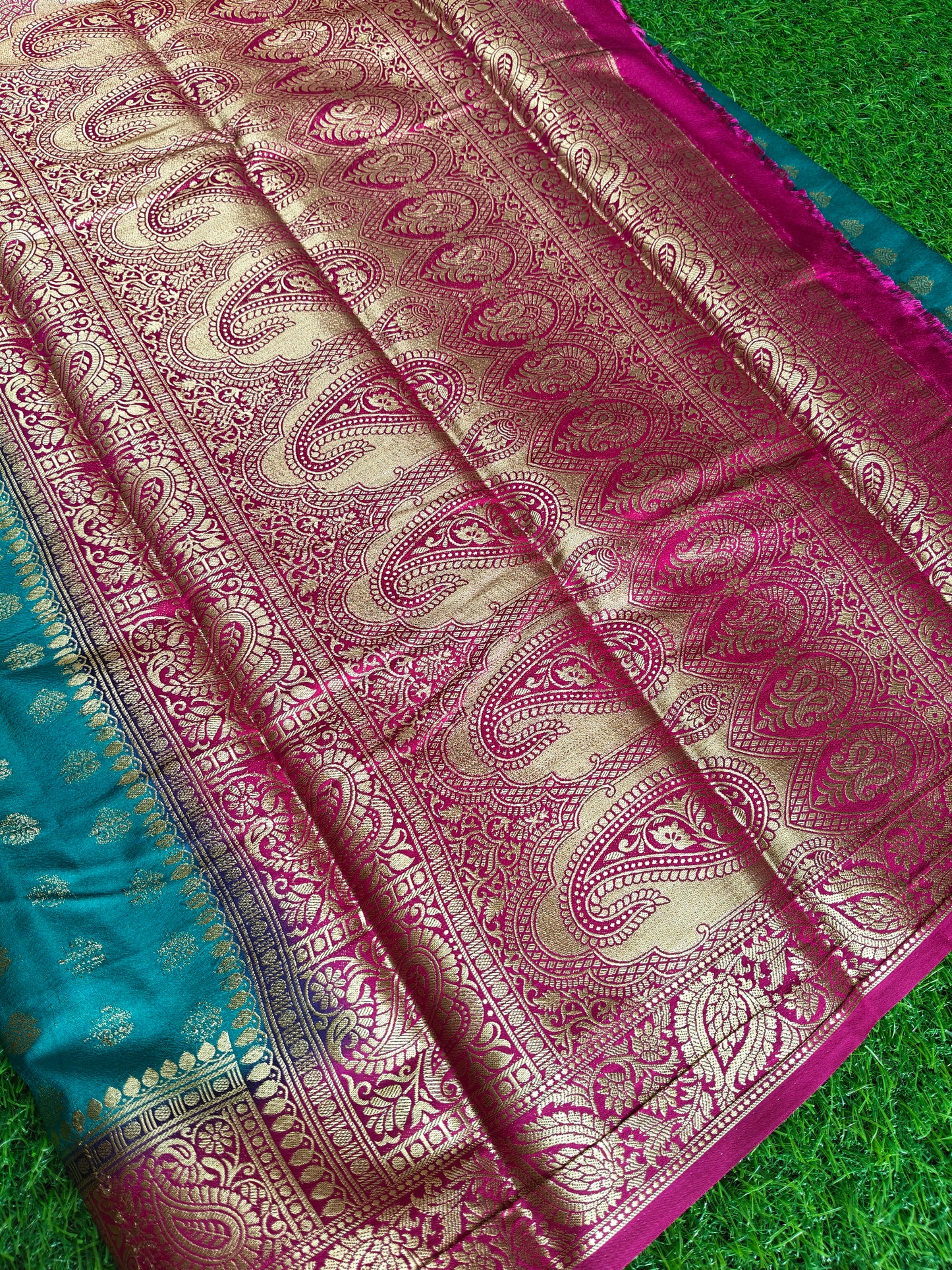 Peacock or Teal Blue Banarasi Semi Georgette Silk Saree with Rani Pink Contrast Border & Blouse