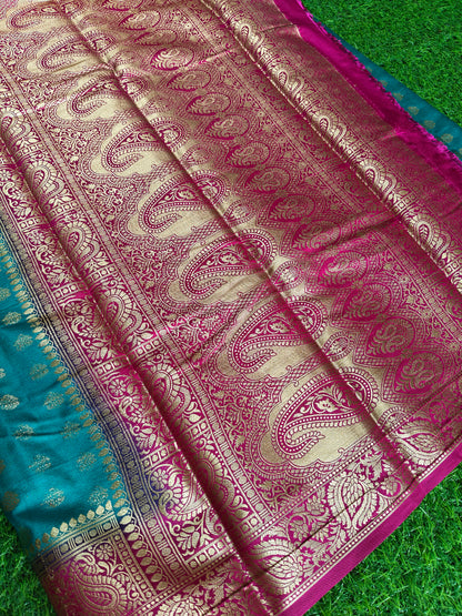 Peacock or Teal Blue Banarasi Semi Georgette Silk Saree with Rani Pink Contrast Border & Blouse