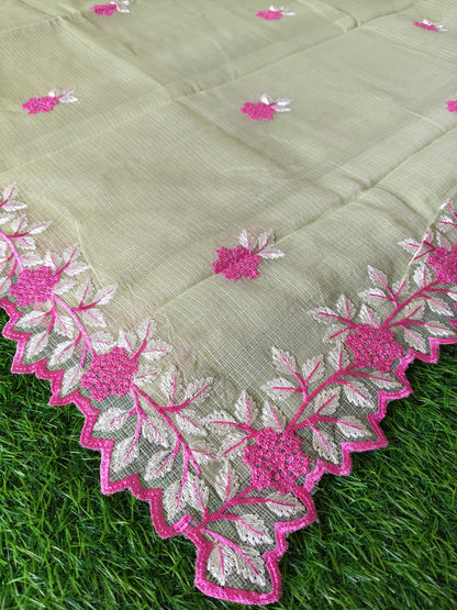 Kora cotton pista green  colour thread embroidered Saree (Copy)