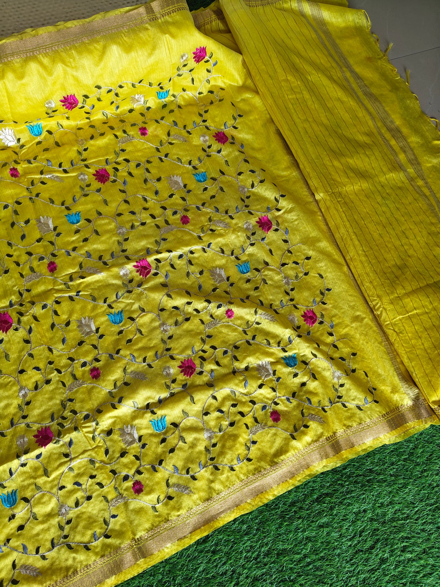 Yellow colour Tusser silk multi colour thread embroidered (Copy)