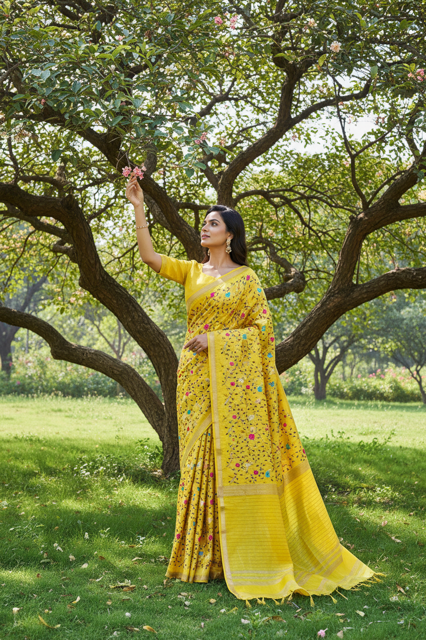 Yellow colour Tusser silk multi colour thread embroidered (Copy)