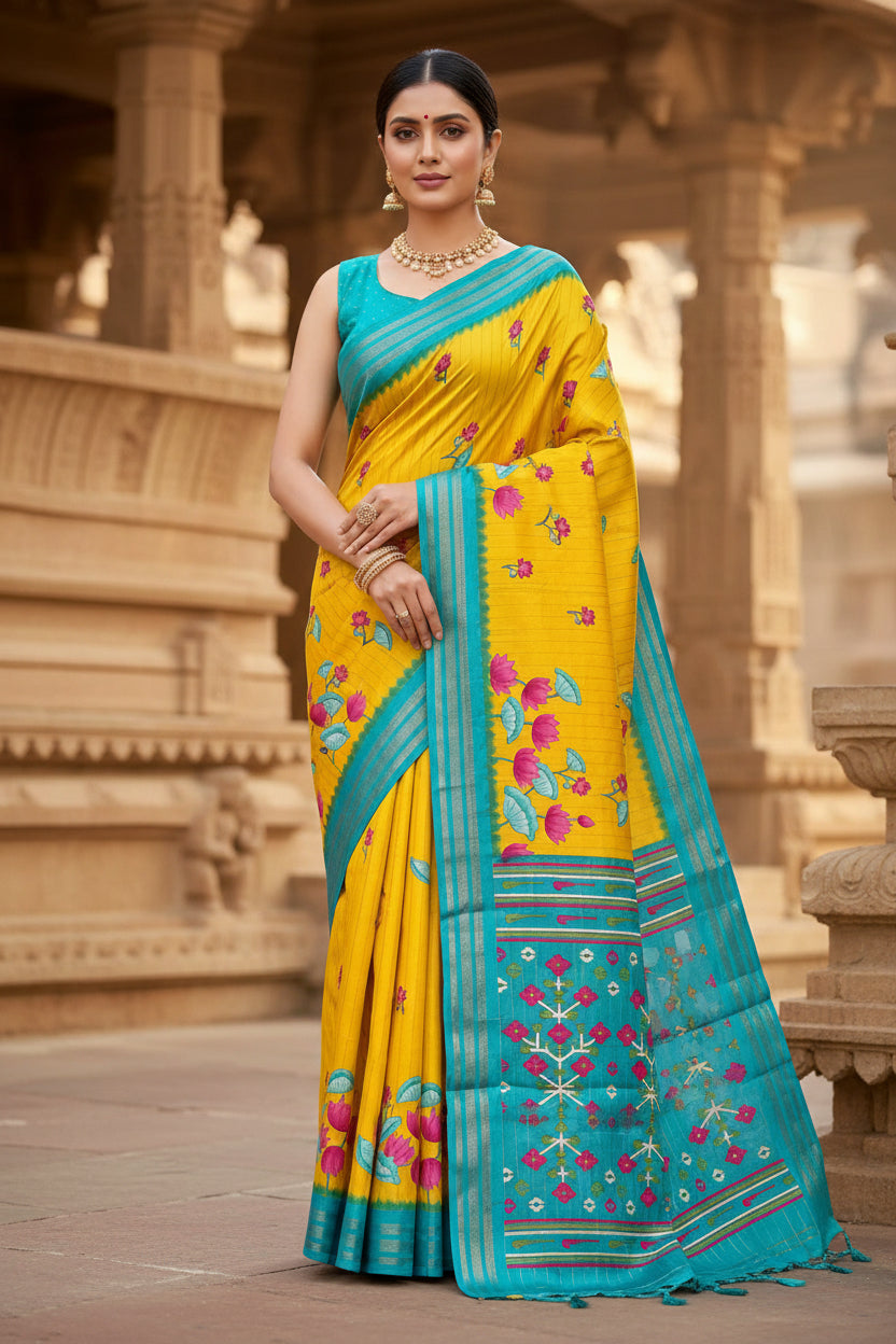 Yellow Kalamkari Print Semi Crepe Silk
