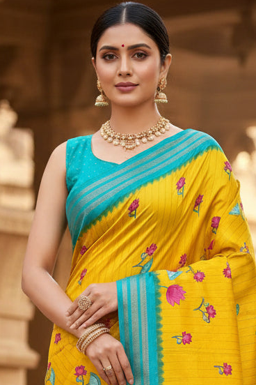 Yellow Kalamkari Print Semi Crepe Silk