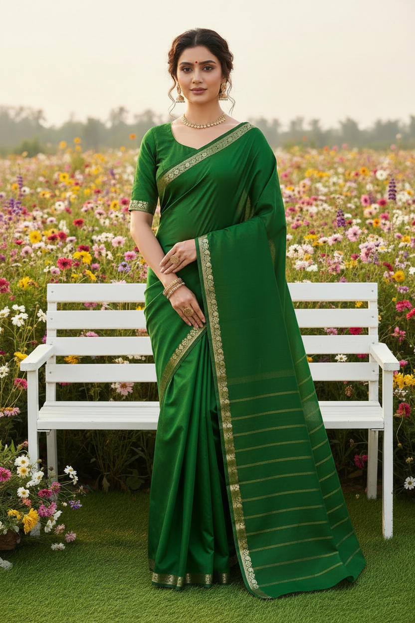 Mehndi Green Semi Crepe Silk Saree with Slim Zari Border
