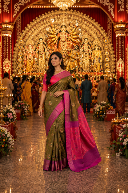 Double shades mehndi green contrast border n pallu saree