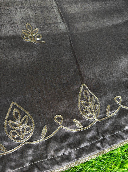 Grey Kota Cotton Silk Printed Saree with Zari Thread Embroidery & Contrast Blouse