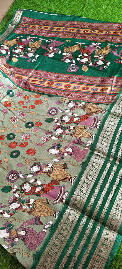 Green Kalamkari Print Semi Crepe Silk Saree