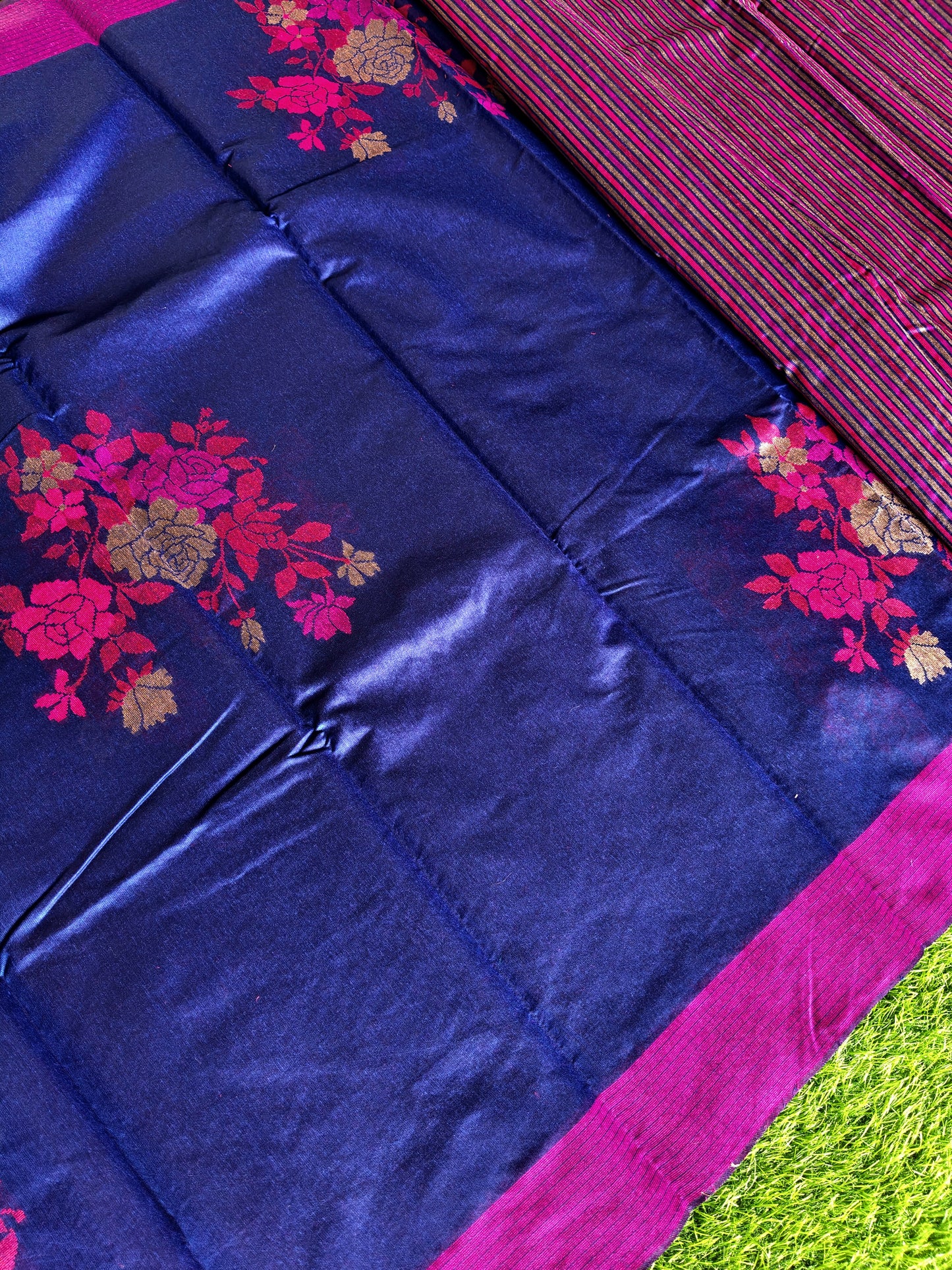 Royal Blue Cotton Saree with Thread Embroidery & Contrast Border | Elegant Traditional Saree