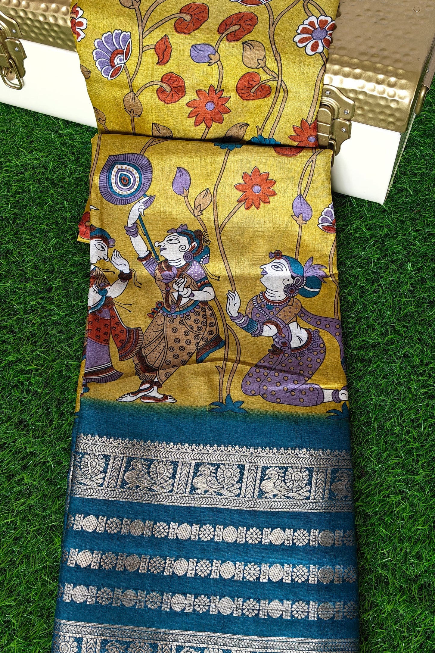 Yellow Kalamkari Print Semi Crepe Silk