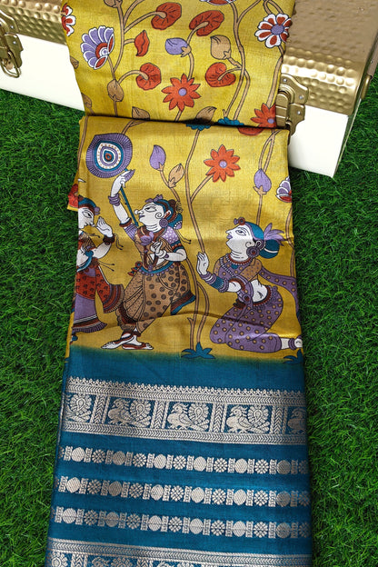 Yellow Kalamkari Print Semi Crepe Silk